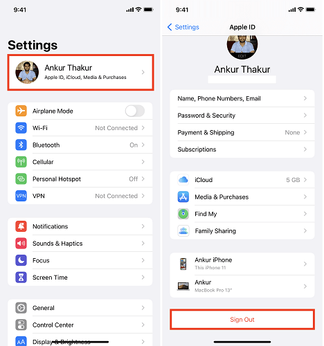 iCloud에서 로그아웃