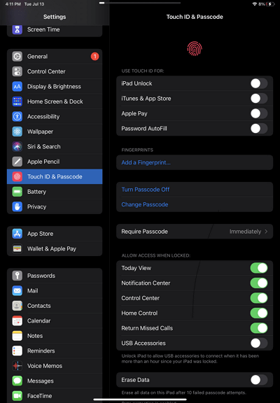 설정을 통해 iPad에서 암호를 제거하는 방법