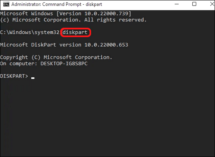 diskpart를 입력하고 Enter를 누르세요