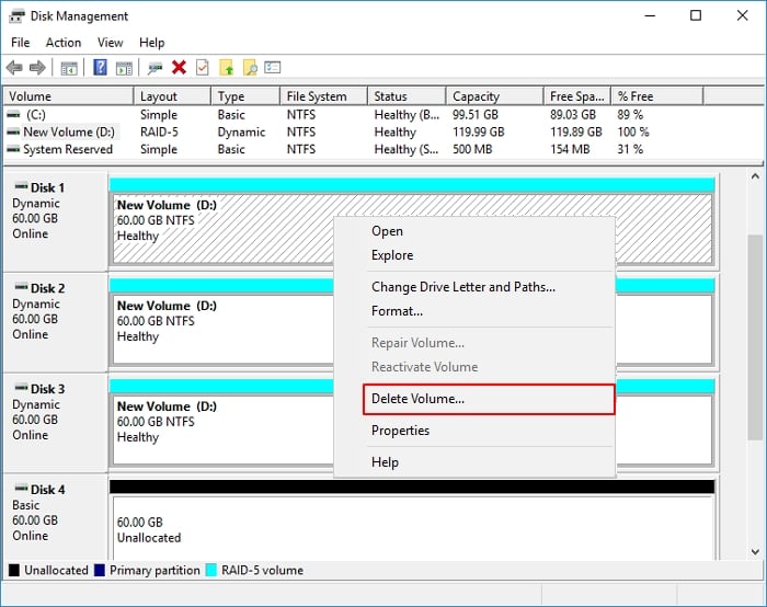 기존 RAID 어레이 삭제