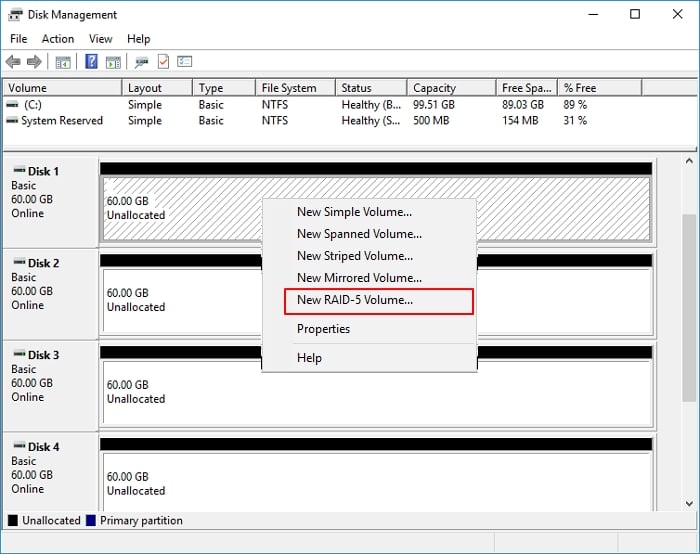 새로 추가 된 디스크로 RAID 5 볼륨 생성