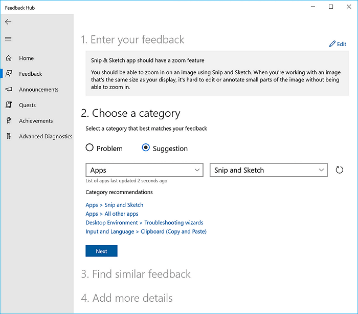 피드백 카테고리 선택