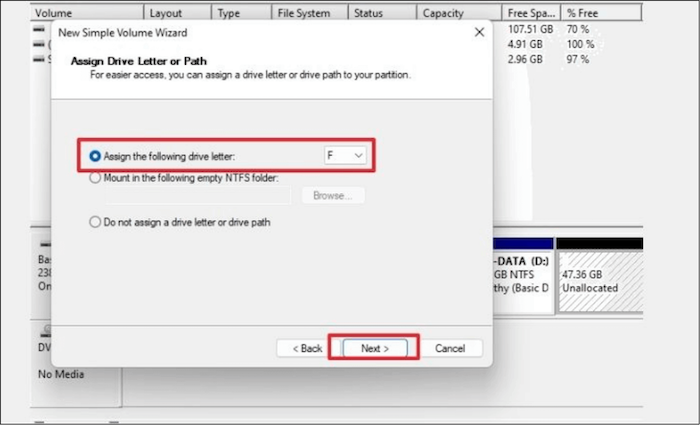 Explorer에서 열 수 있도록 드라이브에 Letter 할당
