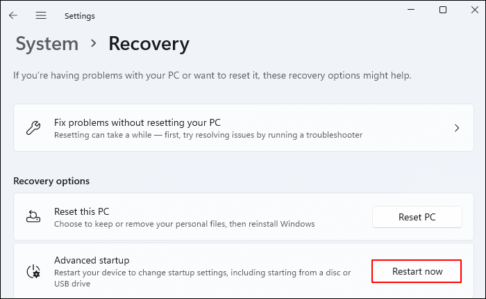 시스템 복구를 클릭하고 지금 다시 시작을 클릭하세요