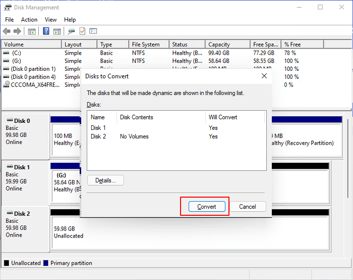 두 개의 디스크를 동적 디스크로 변환 확인