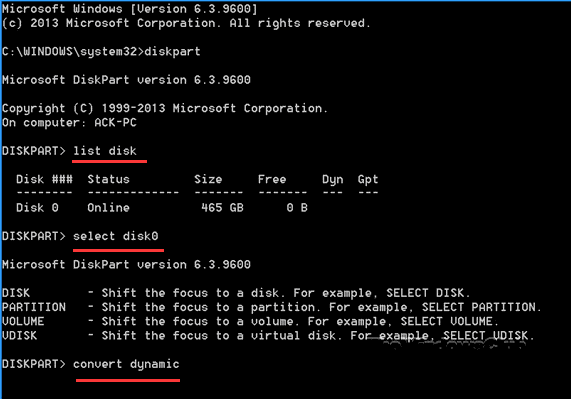 동적 디스크 부분으로 변환