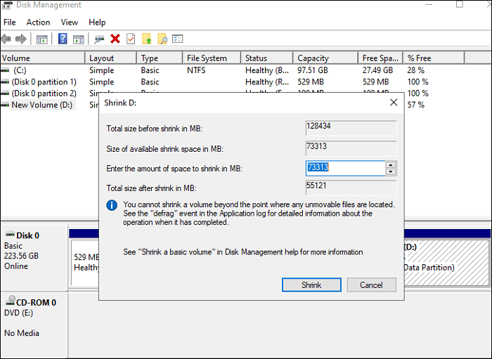 축소할 공간의 양을 입력하세요.