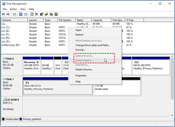볼륨 확장 및 축소가 회색으로 표시됨