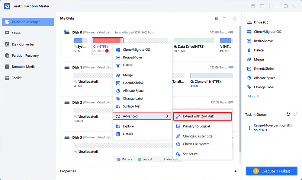 두 번째 디스크 1로 c 드라이브 확장