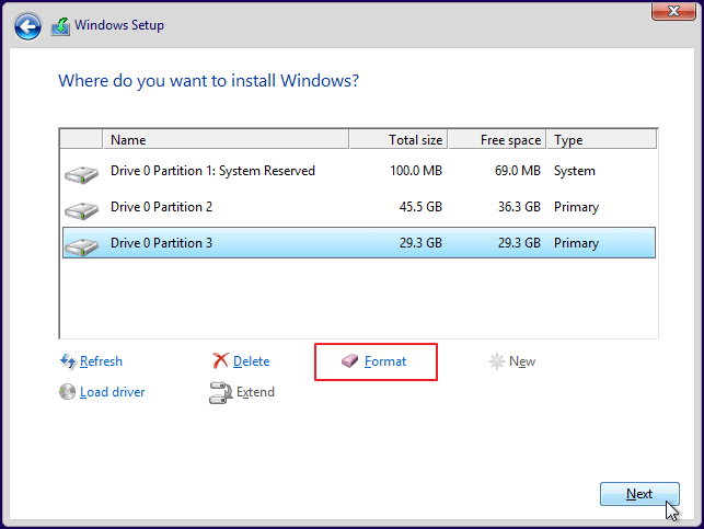Windows 설치 중 하드 드라이브 포맷