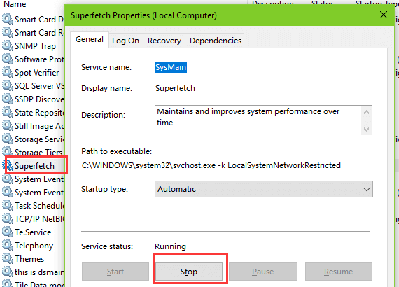 높은 CPU 오류를 유발하는 suprefetch 서비스를 중지합니다.