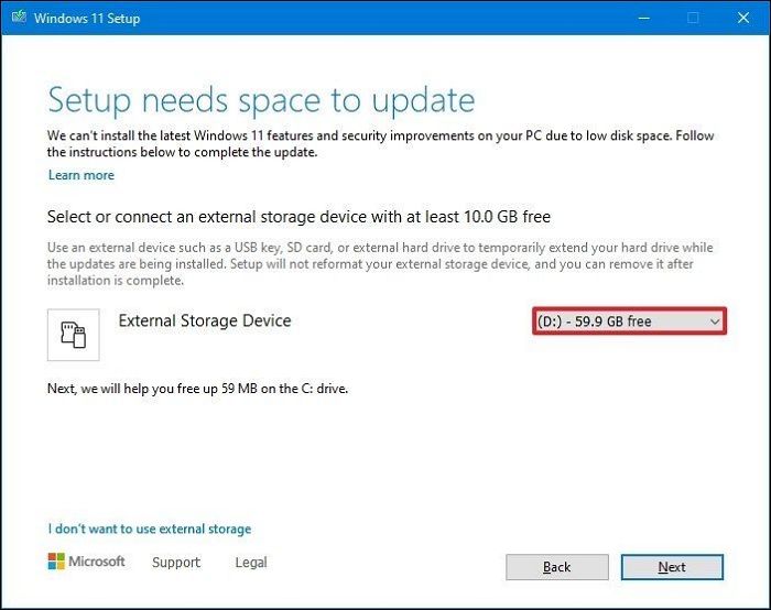 설치에 업데이트할 공간이 필요합니다.