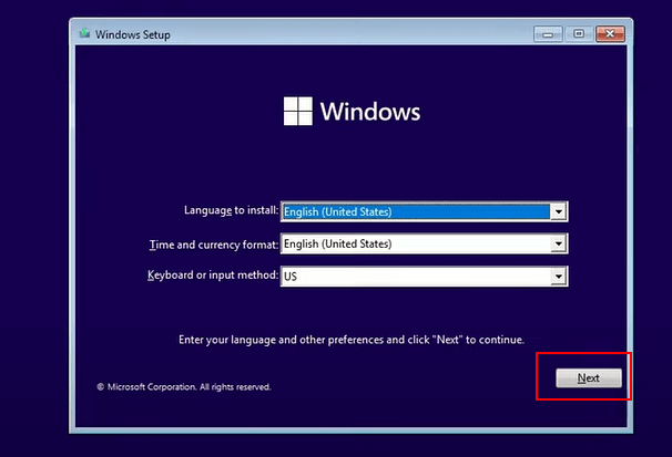 Windows 11을 설치할 언어, 시간 및 키보드 설정