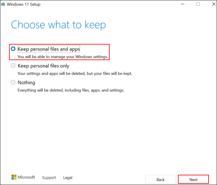 개인 파일과 앱을 유지하려면 다음을 클릭하세요.