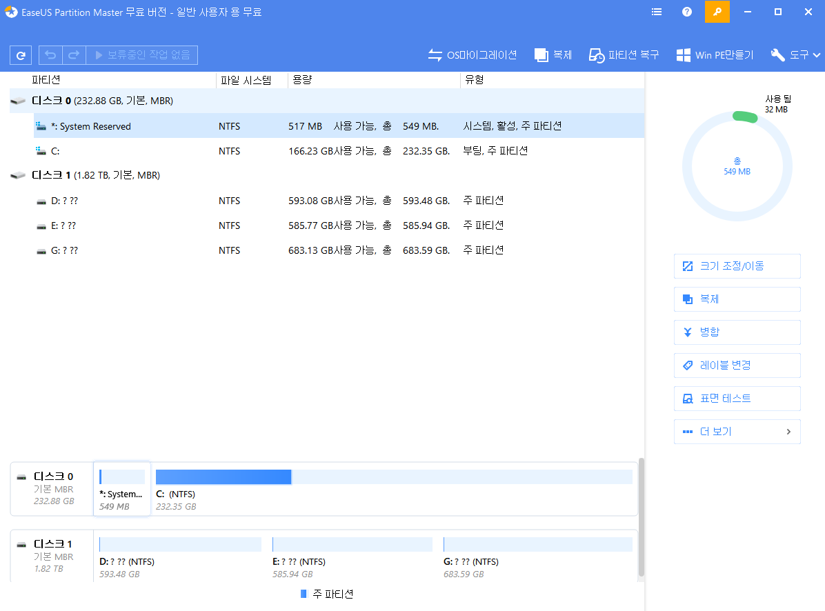 EaseUS Partition Manager 소프트웨어의 기본 창