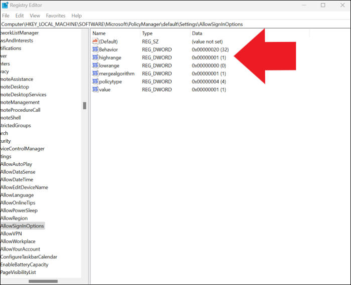 핀 제거 레지스트리 편집기