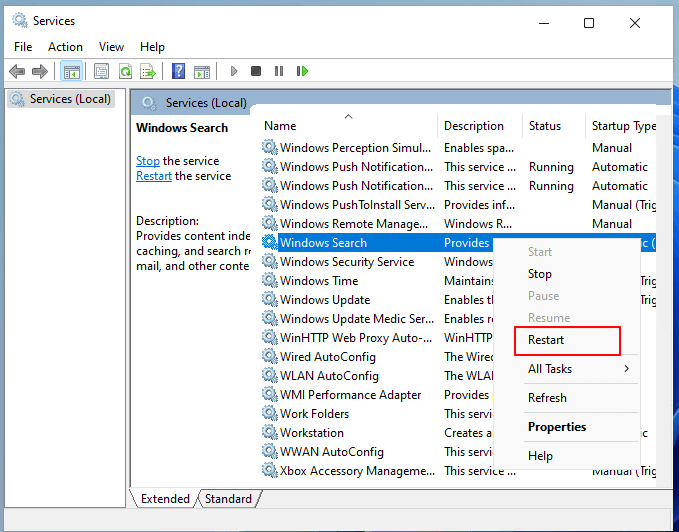 Windows 검색 서비스 다시 시작