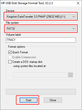 HP 디스크 저장소 포맷 도구를 사용하여 USB 포맷