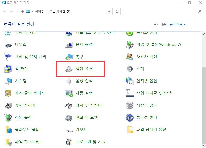 색인 옵션 선택