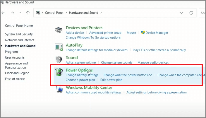 전원 옵션 선택