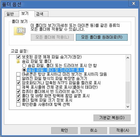 숨김 파일, 폴더 및 드라이브 표시