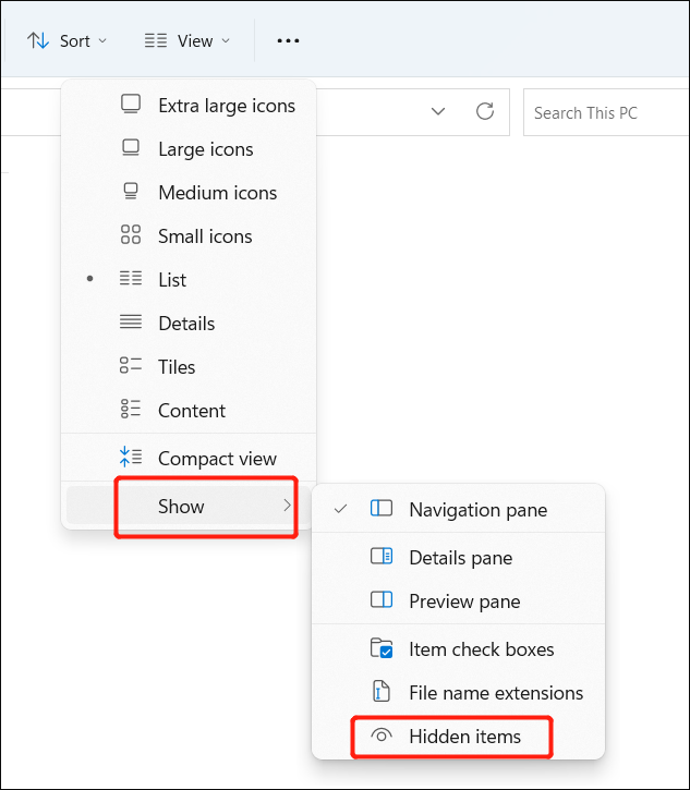 숨겨진 항목 표시
