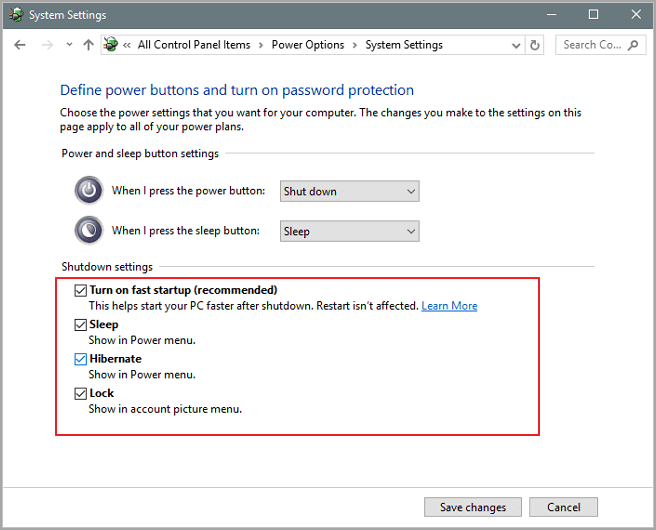 빠른 시작을 끄세요