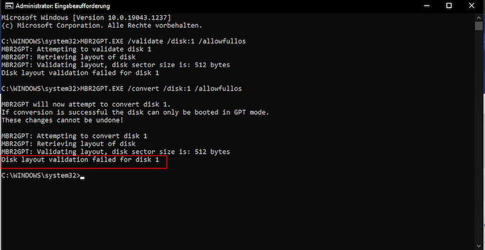 변환을 시도했지만 디스크 1에 대한 디스크 레이아웃 유효성 검사에 실패했습니다.