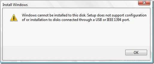 USB 포트를 통해 연결된이 디스크에는 Windows를 설치할 수 없습니다.