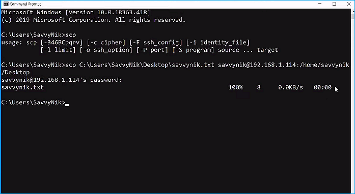 두 원격 시스템 간에 전송하려면 명령줄을 입력하십시오.