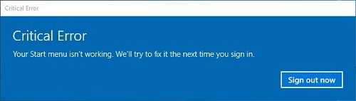 Windows 10 심각한 오류 시작 메뉴