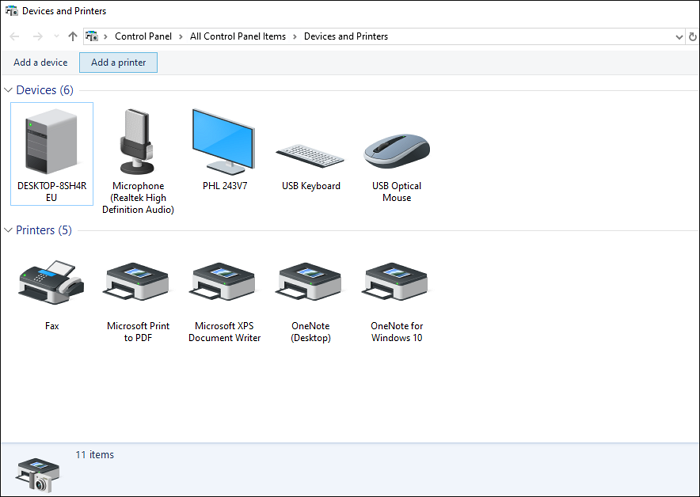장치 및 프린터 창