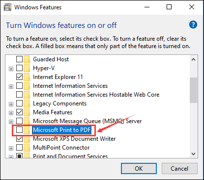 Microsoft Print to PDF 체크 해제