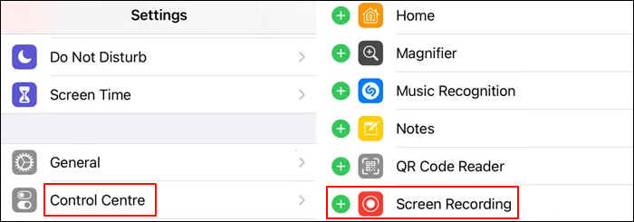 제어 센터에서 화면 녹화 활성화