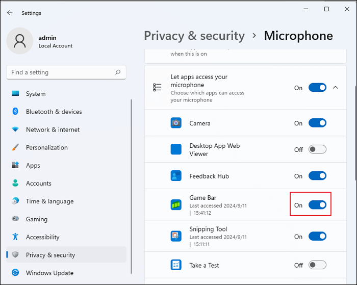 게임 바 마이크 권한
