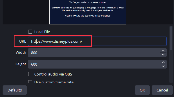 디즈니 영화 링크를 OBS에 붙여넣기