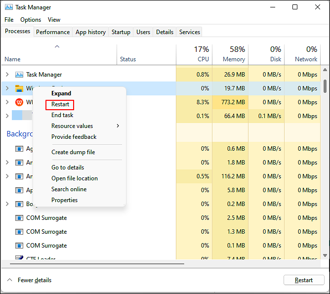 윈도우 탐색기를 다시 시작하세요