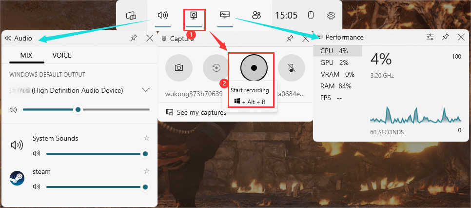 Xbox 게임 바 녹화 인터페이스